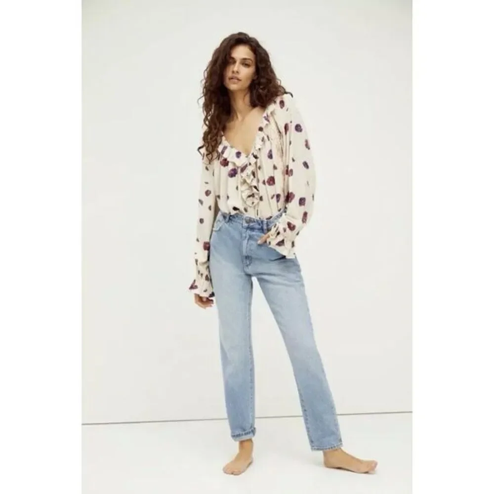 NEW FREE PEOPLE Sz S POPPY PRINTED BODYSUIT IN IVORY‎ COMBO